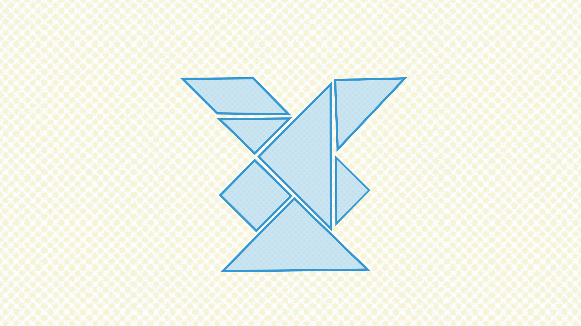 Animation of tangram pieces showing the changes already explored in earlier animations. In this animation, the tangram pieces move around the screen from place to place, indicating the individual changes that make up the shapes outlined in solids above.